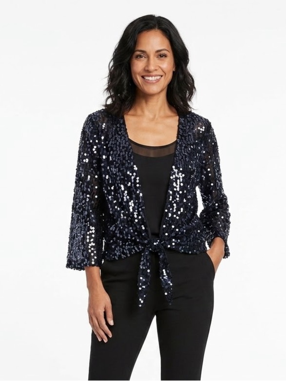 Chico’s Travelers Sequin Tie Front Cardigan Top Jacket Blue Black Size 1 M